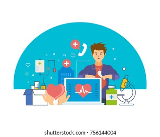 Monitoring heartbeat. Service, healthcare, medicine, doctor, special tools, atmosphere, house of hospital Medical insurance service online consultation Vector illustration