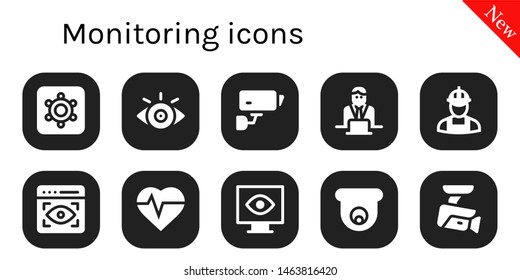 Monitoring Icon Set. 10 Filled Monitoring Icons.  Collection Of - Hidden Camera, View, Cctv, Worker, Heartbeat