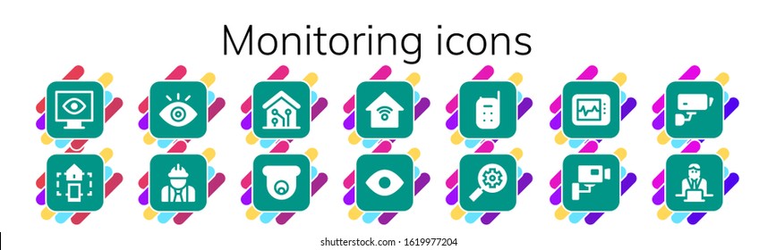 Monitoring Icon Set. 14 Filled Monitoring Icons. Included View, Smart Home, Worker, Cctv, Smart House, Baby Monitor, Seo, Electrocardiogram Icons