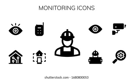 Monitoring Icon Set. 9 Filled Monitoring Icons.  Simple Modern Icons Such As: Worker, Smart Home, Baby Monitor, View, Seo, Cctv