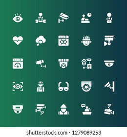 monitoring icon set. Collection of 25 filled monitoring icons included Cctv, Worker, Security camera, Vision, Smart home, Web optimization, Engineering, Seo, Heartbeat