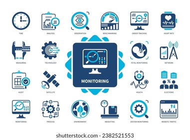 Monitoring icon set. Health, Benchmarking, Measuring, Analysis, System Monitoring, Time, Traffic, Environment. Duotone color solid icons