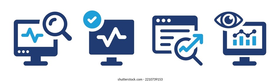 Monitoring icon set. Search engine optimization symbol. Analysis and data observation concept. Solid icons vector collection.