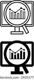 Monitoring Icons. Black and White Vector Computer Icons and Charts in a Magnifying Glass. Observation and Research. Data Analytics Concept