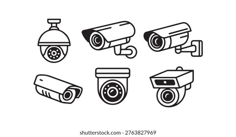 Monitoring icons, security tech symbols, observation equipment outlines, safety vectors