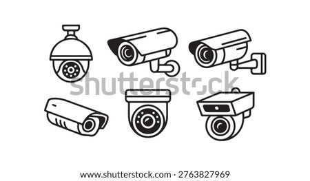 Monitoring icons, security tech symbols, observation equipment outlines, safety vectors