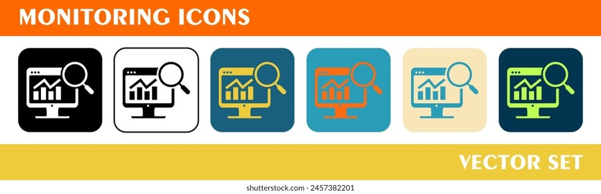 Iconos de supervisión establecidos. 6 iconos de estilo con varios colores. Para gráficos de signo, símbolo, Diseño web o Web. 