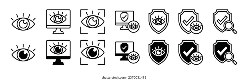 Monitoring icons. Supervision, observation, watching, surveillance, shield protection icon symbol in line and flat style for app and website. Vector illustration