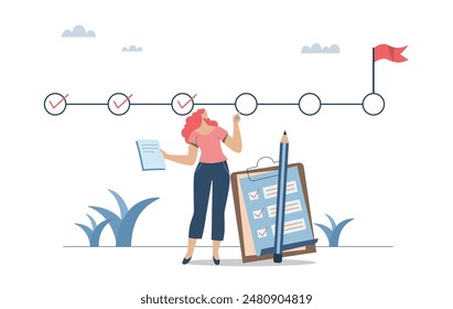 Supervisión e inspección de trabajos importantes del proyecto, Comprobación del progreso del proyecto, Planificación de plazos de gestión del proyecto, Gerente de proyecto femenino con el progreso de la comprobación de datos.