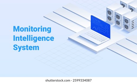 Monitoring Intelligence System. High-tech data center. Advanced data analytics. Real-time monitoring and diagnostics. Comprehensive data insights. Vector isometric illustration