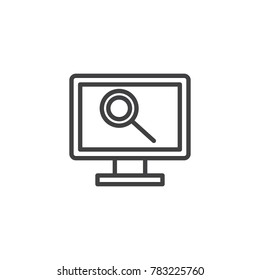 Monitoring line icon, outline vector sign, linear style pictogram isolated on white. PC monitor with magnifier symbol, logo illustration. Editable stroke