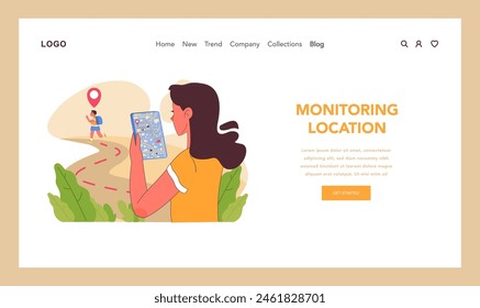 Monitoring location concept. Attentive parent using GPS tracking app to ensure child safety during outdoor activities. Protecting kids through modern technologies. Flat vector illustration
