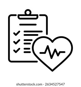 ็Health monitoring or a medical checklist. It features a clipboard with checkmarks and heart with heartbeat line. Outline style. Vector. Isolate on white background.