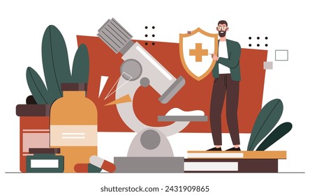 Monitoring of medical products. Man with shield near microscope and tablest, pills. Pharmaceutical quality control of drugs. Health care and medicine, treatment. Cartoon flat vector illustration