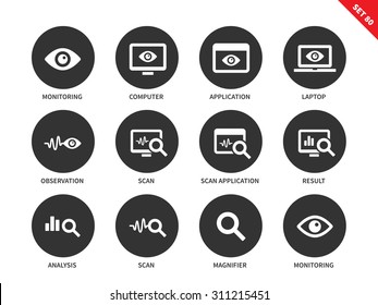 Conjunto de ícones vetoriais de monitoramento e observação. Ícones para sistemas de segurança e estatística. Páginas da Web e itens de aplicativos, computador, laptop, sinal de digitalização, análise, resultado. Isolado em fundo branco