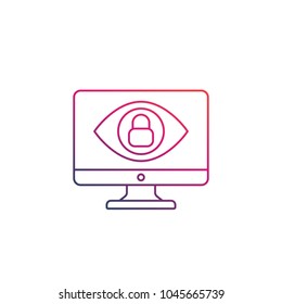 Monitoring, parental control icon, eye on computer screen with lock, linear