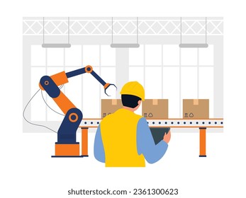 Monitoring product packaging using machine, control section factory employee, worker vector illustration.