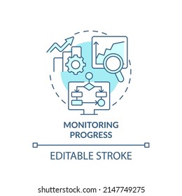 Monitoring progress turquoise concept icon. Business analytics task abstract idea thin line illustration. Market research. Isolated outline drawing. Editable stroke. Arial, Myriad Pro-Bold fonts used