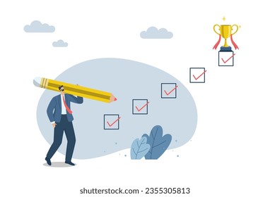 Monitoring the progress of work, Setting goals and follow up work, project achievement or progress, Businessman holding pencil ticking all completed task checkboxes, Vector dsign illustration.