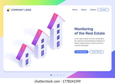 Monitoring of real estate banner. Concept of rising price of buildings and apartments, property investment. Vector landing page of real estate management with isometric houses illustration