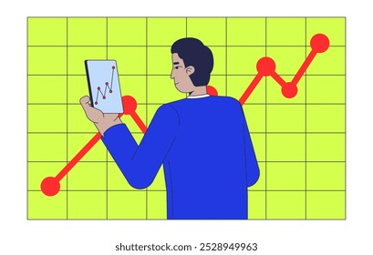 Monitoring sales growth 2D illustration concept. Analysis financial. Businessman checking phone statistics cartoon character isolated on white. Digital business metaphor abstract flat vector graphic