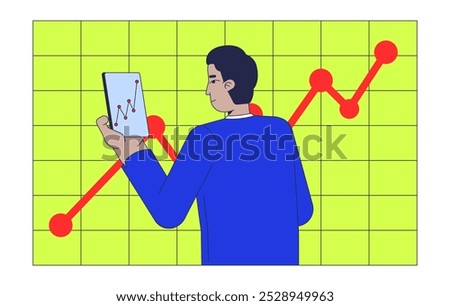 Monitoring sales growth 2D illustration concept. Analysis financial. Businessman checking phone statistics cartoon character isolated on white. Digital business metaphor abstract flat vector graphic