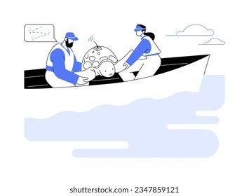 Monitoring sea wildlife abstract concept vector illustration. Group of marine biologists tagging animals, sea wildlife exploring, ecology industry, environmental science abstract metaphor.