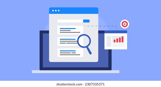 Monitoreo de la clasificación de motores de búsqueda, Análisis de clasificación de sitios web. Motor de búsqueda que conduce el tráfico al sitio web - fondo de ilustración vectorial con iconos