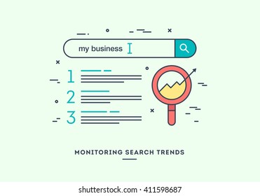 Monitoring search trends, digital marketing concept, flat design thin line banner.