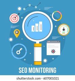 Monitoring Seo Campaign For Website Ranking, Tracking Marketing Progress Flat Vector With Thin Line Icons