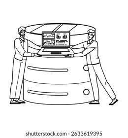 monitorando vetor do console do servidor. configuração de registro, segurança de implantação, solução de problemas de desempenho monitorando o caractere do console do servidor. ilustração do desenho a lápis da linha preta das pessoas