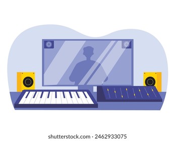 Monitoring singers who are recording, amplifier music studio. Character design. Vector flat illustration