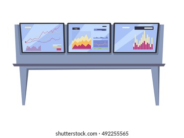Monitoring stock exchange indexes vector. Flat style design. Online training instruments concept. Financial indexes in real time illustration. Broker workspase with exchange rates and graphs.