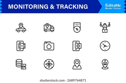 Monitoring And Tracking Solution icon collection. Unique And Minimal Line Icon Pack with Editable, Pixel-Perfect Design
