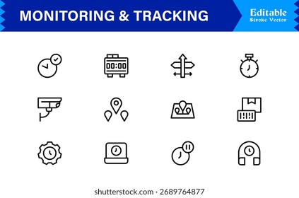 Coleção de ícones da Solução de Monitoramento e Rastreamento. Pacote de Ícone de Linha Exclusivo e Mínimo com Design Editável e Perfeito para Pixels