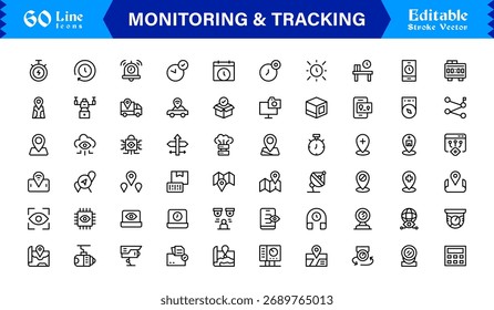 Coleção de ícones da Solução de Monitoramento e Rastreamento. Pacote de Ícone de Linha Exclusivo e Mínimo com Design Editável e Perfeito para Pixels