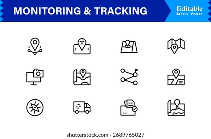 Coleção de ícones da Solução de Monitoramento e Rastreamento. Pacote de Ícone de Linha Exclusivo e Mínimo com Design Editável e Perfeito para Pixels