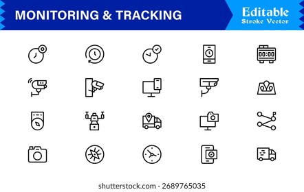 Monitoring And Tracking Solution icon collection. Unique And Minimal Line Icon Pack with Editable, Pixel-Perfect Design