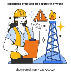 Monitoring of trouble-free operation of wells. Control in the development of gas fields. Reglamentation of natural resource extraction. Fossil fuel industry. Flat vector illustration