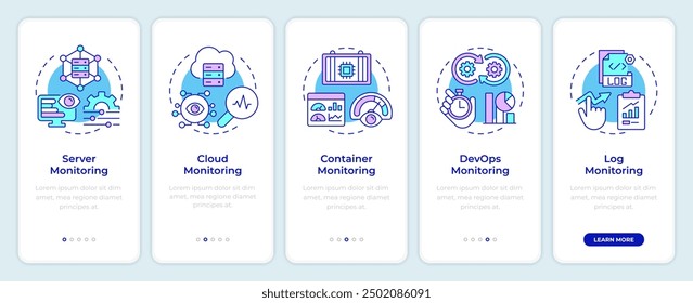 Tipos de monitoreo incorporando la pantalla del App móvil. Instrucciones gráficas editables de 5 pasos con conceptos lineales. PLANTILLA UI, UX, GUI