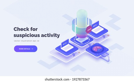 Monitoring user activity. System for checking and analyzing corporate data. Vector conceptual illustration with laptops and data testing system. Search for errors. Isometric style