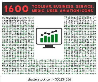 Monitoring vector icon and 1600 other business, service tools, medical care, software toolbar, web interface pictograms. Style is bicolor flat symbols, green and gray colors, rounded angles, white