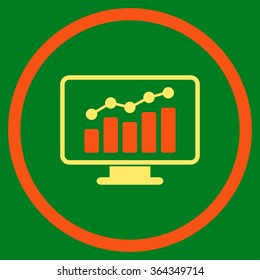 Monitoring vector icon. Style is bicolor flat circled symbol, orange and yellow colors, rounded angles, green background.