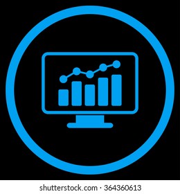 Monitoring vector icon. Style is flat circled symbol, blue color, rounded angles, black background.