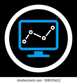 Monitoring vector icon. This flat rounded symbol uses blue and white colors and isolated on a black background.