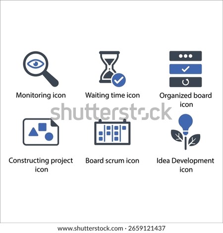 Monitoring, waiting time, Organized board, Constructing project, Board scrum, Idea Development, icon