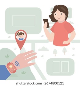 Monitoring whereabouts of kid. Geolocation tracking app. Concept of parental control and protection. Mother communicate with child through smartwatch. Watch on girl hand. flat vector illustration