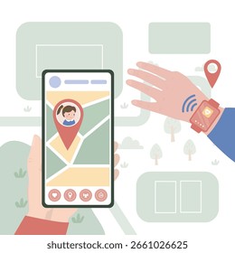 Monitoring whereabouts of kid. Phone screen with geolocation tracking app. Concept of parental control and protection. Parents communicate with child through smartwatch. Watch on child hand. vector