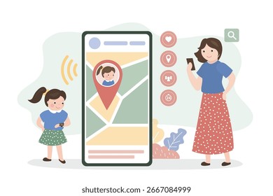 Monitoring whereabouts of kid. Phone screen with geolocation tracking app. Concept of parental control and protection. Mother communicate with child through smartwatch. Watch on girl hand. flat vector