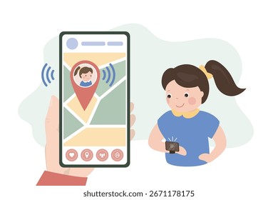 Monitoreando el paradero del niño. Pantalla de teléfono con App de seguimiento de geolocalización. Concepto de control parental y protección. Los padres se comunican con el niño a través de un reloj inteligente. Reloj en la mano de la muchacha. Vector